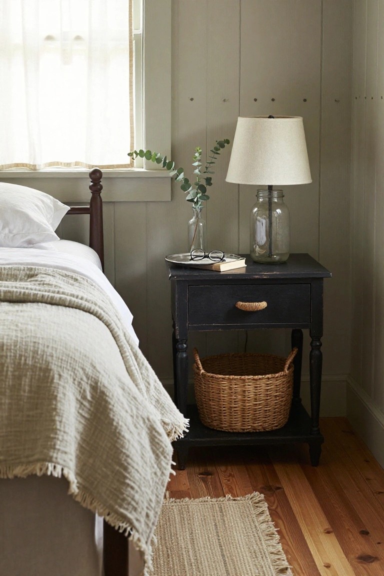 Cozy bedroom corner with black nightstand, lamp, eucalyptus, and woven basket.