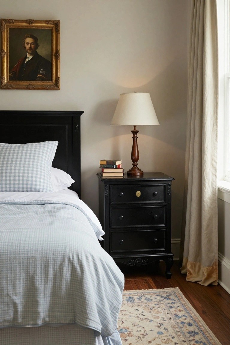 Cozy bedroom with black nightstand, lamp, books, and portrait above bed.