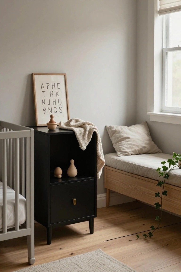 A black nightstand with small wooden toys and a beige knit blanket stands next to a gray crib in a light neutral nursery with a wooden window seat.