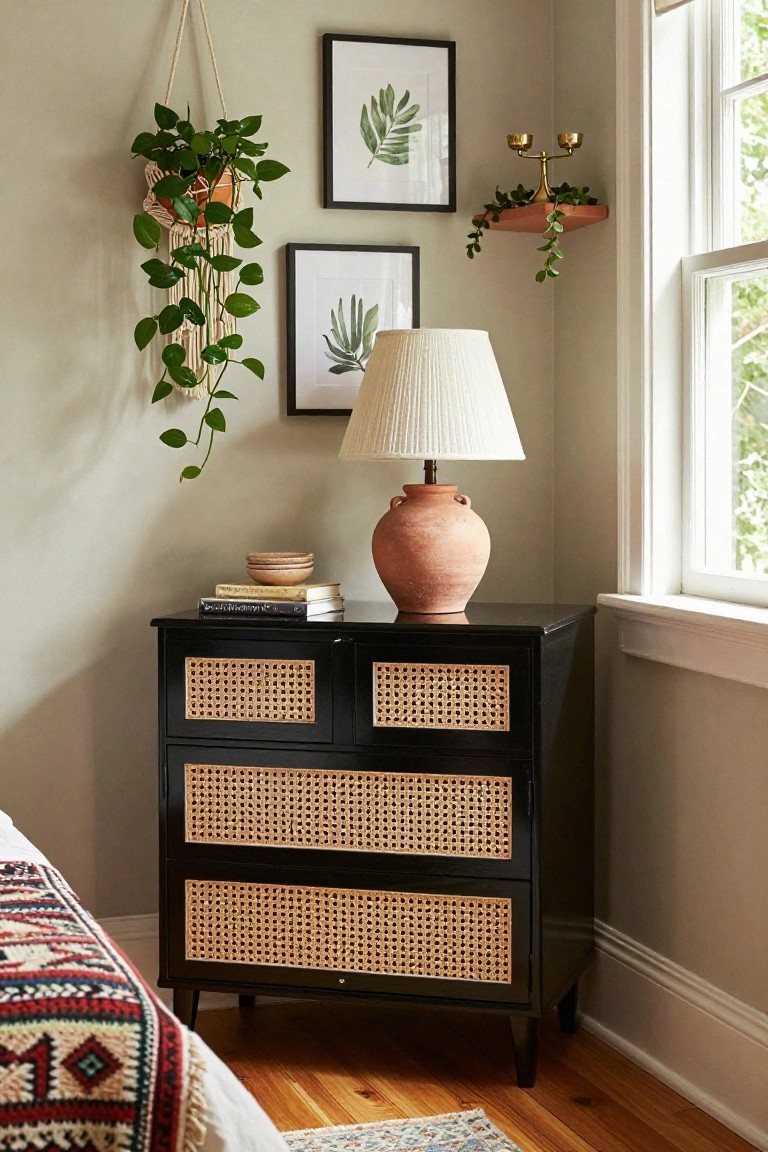 A black chest of drawers with rattan panels stands beside a bed, topped with a terracotta lamp and stacked books, with a hanging plant and framed prints on the wall above.