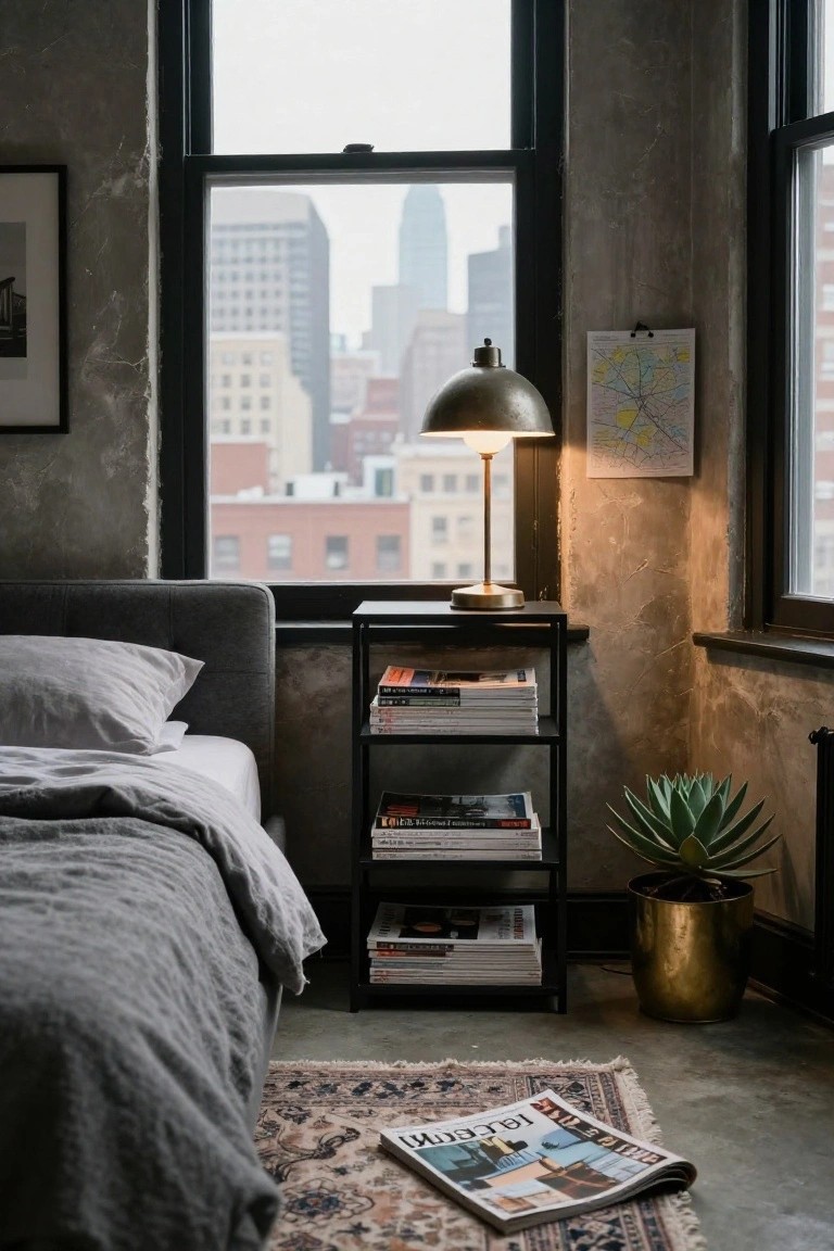 A bedroom scene shows a black metal nightstand with open shelves holding stacks of magazines, a lit lamp on top, next to a bed with gray bedding and a large window overlooking city buildings.