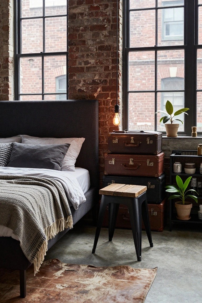 A bedroom interior featuring a dark upholstered bed against a brick wall, large black-framed windows, stacked vintage trunks, and a black metal stool with a wooden top used as a bedside table.