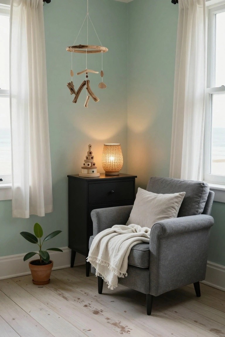 A gray armchair sits beside a black two-drawer side table holding a woven lamp and wooden stacking toy, with a potted plant on the floor and a hanging driftwood mobile above in a room with light green walls and white curtains.