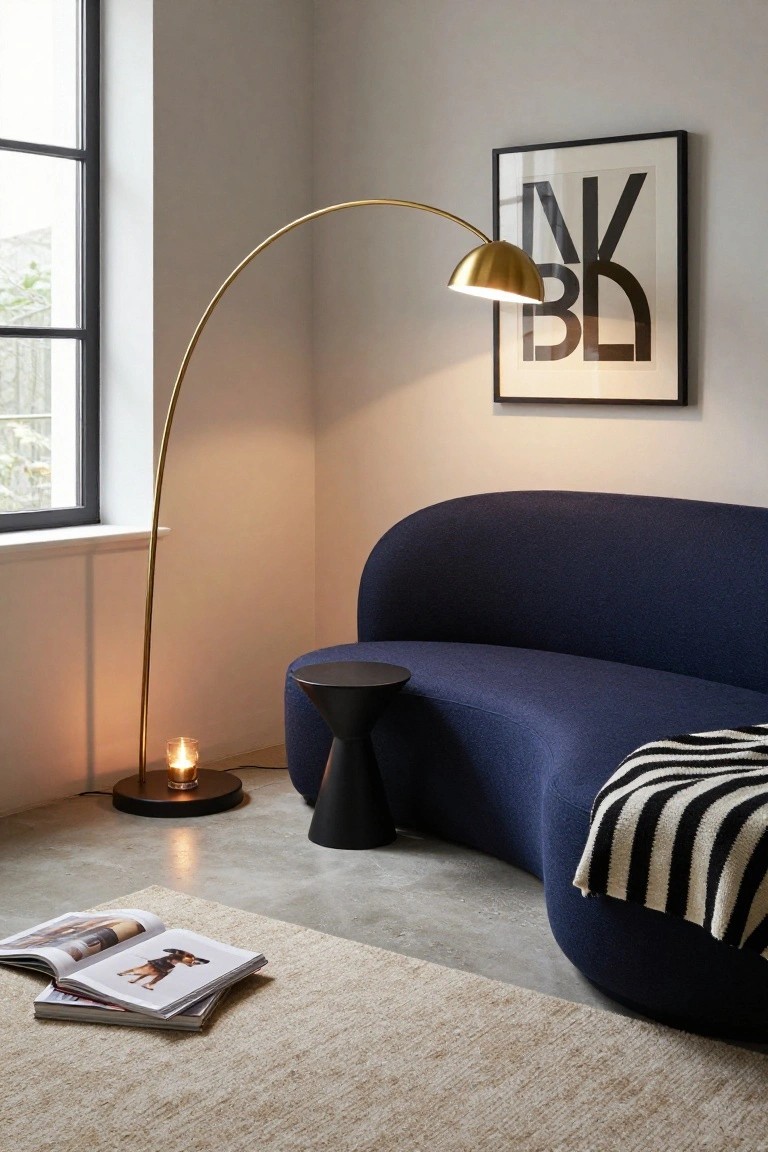 Modern living room with navy sofa, arched gold floor lamp, and open magazines.