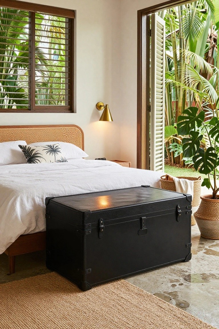A black trunk sits at the foot of a bed with white bedding in a bright bedroom that has a woven headboard and an open door leading outside.