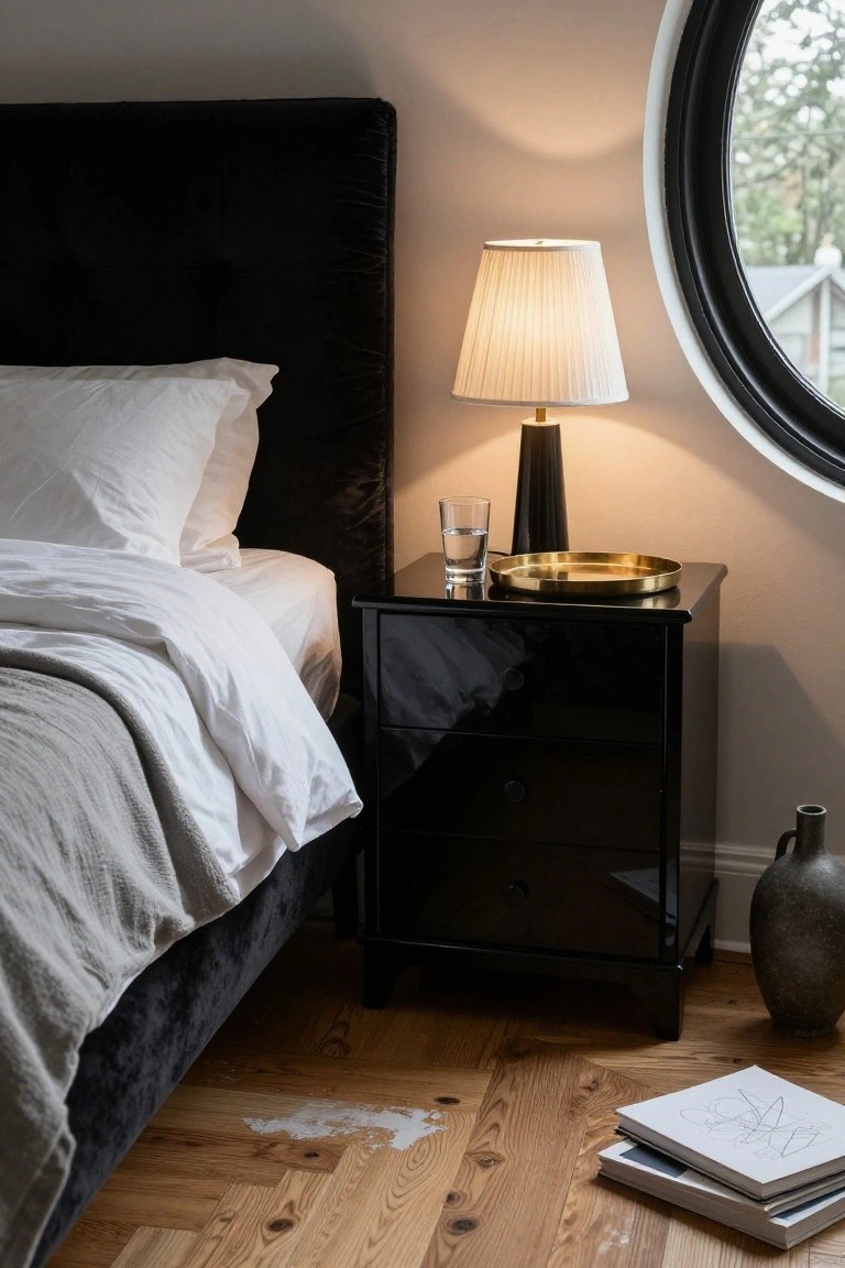 A black glossy bedside table with a lamp and gold tray sits beside a bed with a dark velvet headboard and white bedding.