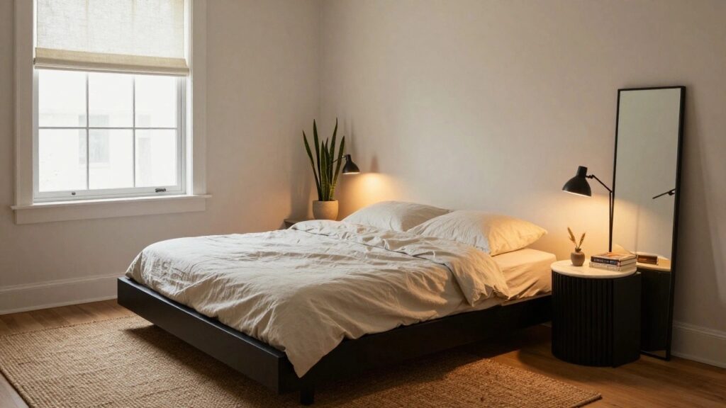 21 Bold Black Bedside Table Ideas for a Dramatic Contrast A bedroom scene showing a black bedside table with a marble top and lamp beside a bed with white linens, a tall mirror, and a potted plant.