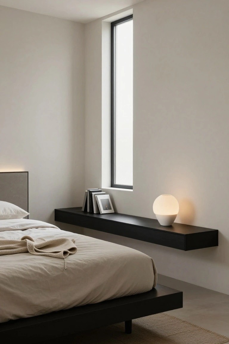 A modern bedroom with a bed dressed in neutral linens and a long floating black shelf mounted on the wall under a tall window, holding a few books and a round white lamp.