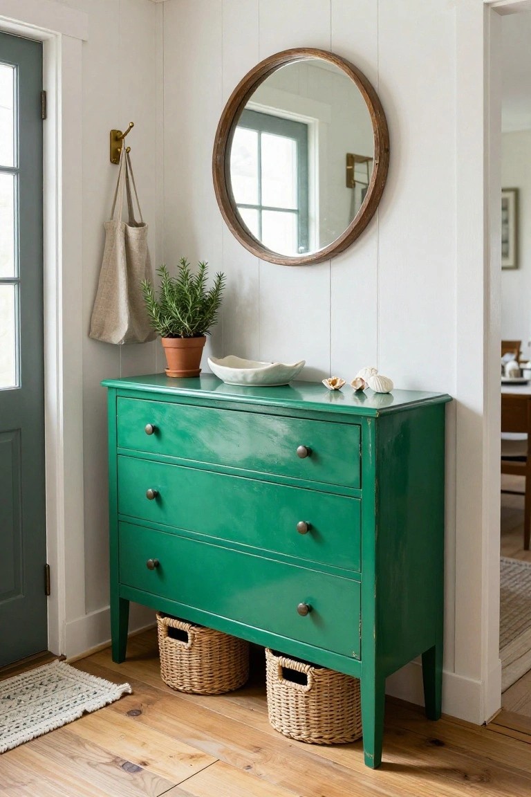 A green painted dresser with three drawers sits against a white wall under a round mirror in an entryway.
