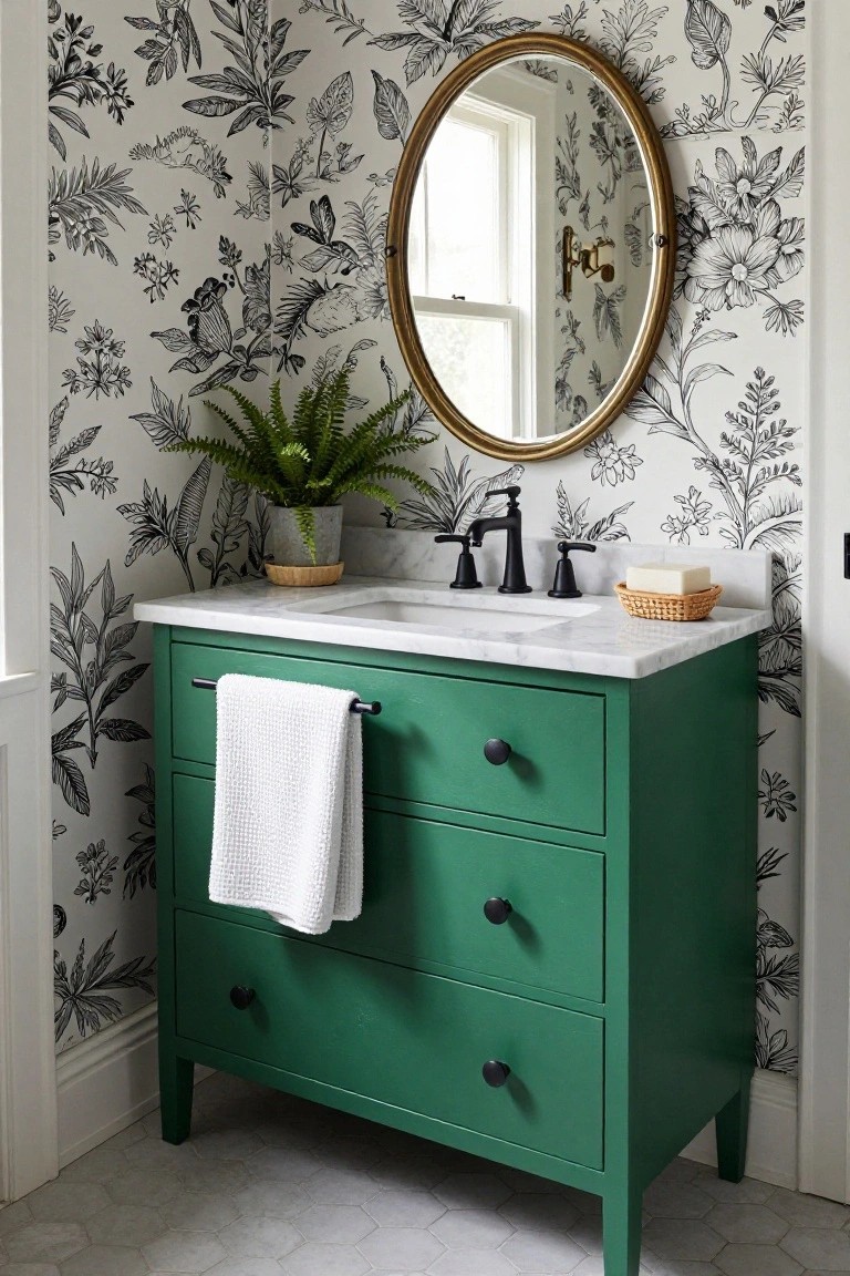Green bathroom vanity with marble top, round mirror, and fern.