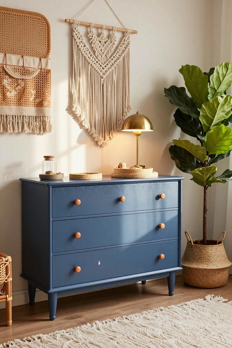 A blue painted dresser with round wooden knobs sits against a white wall with a macrame wall hanging above it and a large potted plant to the side.