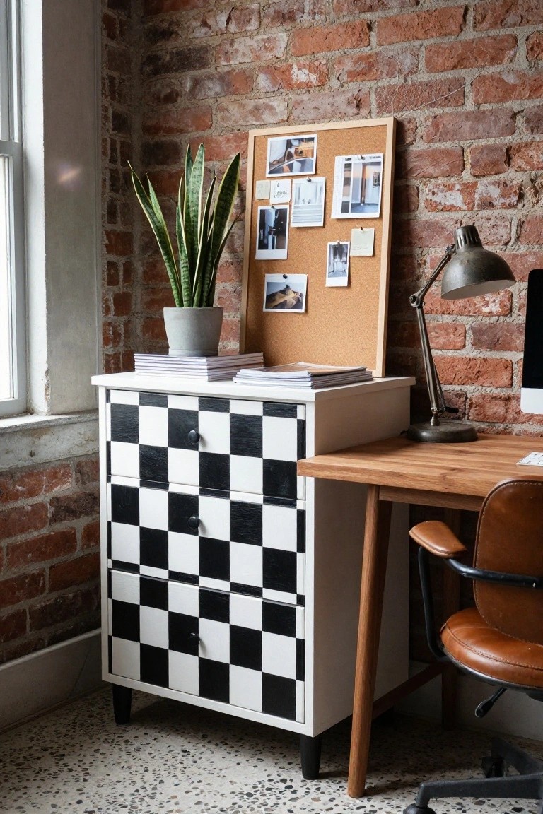 A white dresser painted with a black and white checkerboard pattern on the drawers sits next to a wooden desk against a brick wall.