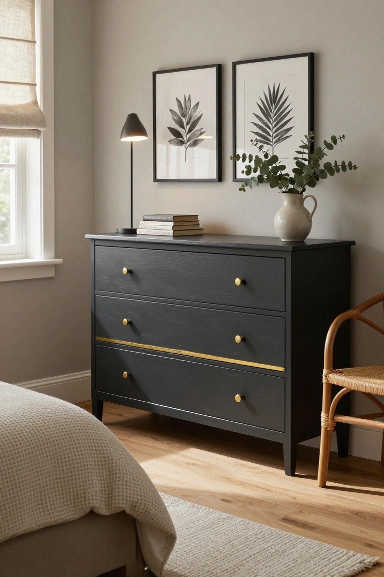 A dark gray dresser with gold knobs and a thin gold stripe sits beneath two black-framed botanical prints in a bedroom with a window on the left and a woven chair on the right.