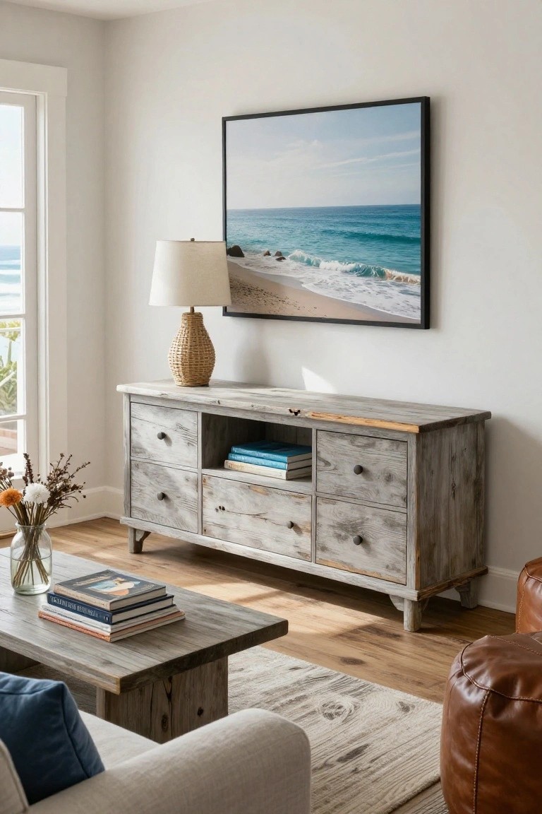 A gray weathered wood dresser with multiple drawers and open shelves holding books is placed against a white wall under a large beach photograph in a living room.