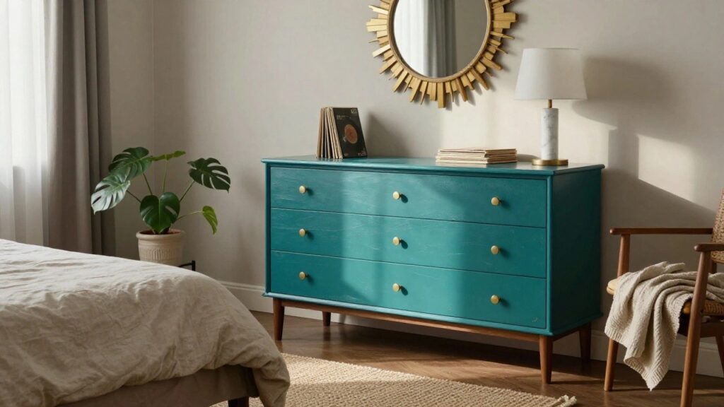 A teal dresser with gold knobs stands against a light wall in a bedroom with a bed and woven rug visible.