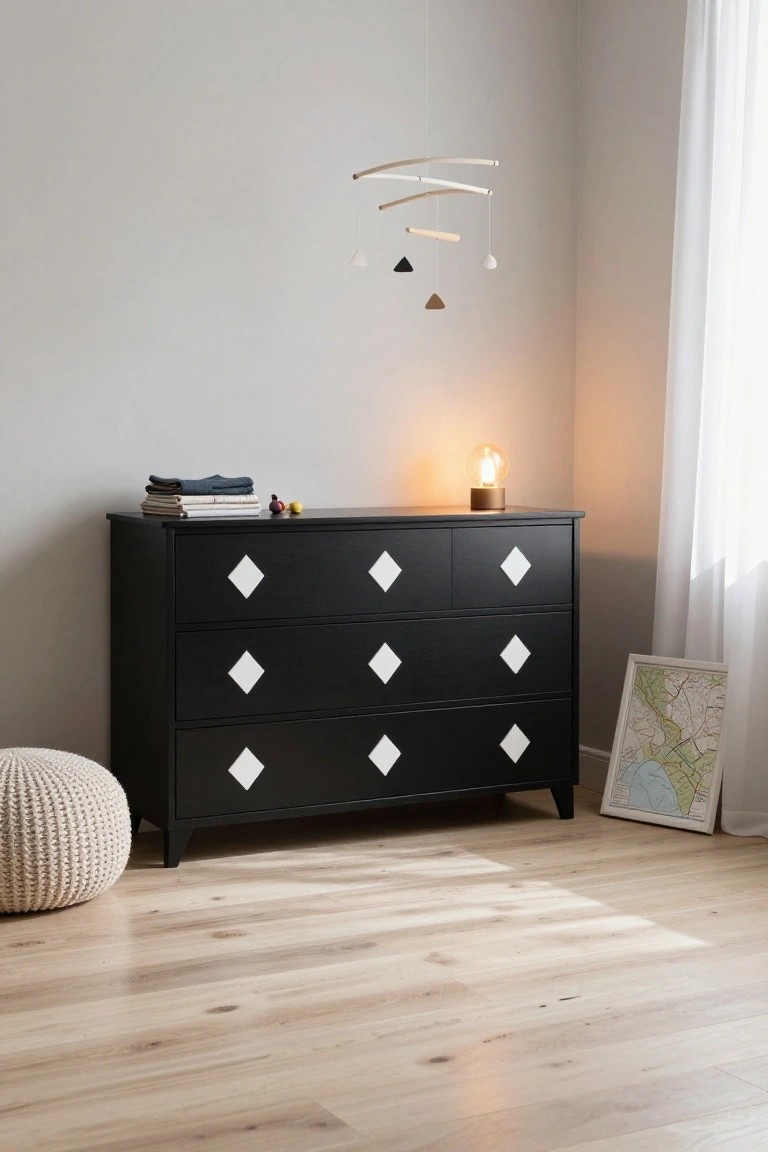 Black dresser with white diamond handles in a sunlit room.