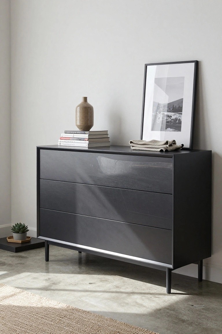 A dark gray dresser with three drawers against a white wall, topped with books, a vase, and a framed print, next to a small potted plant on the floor.