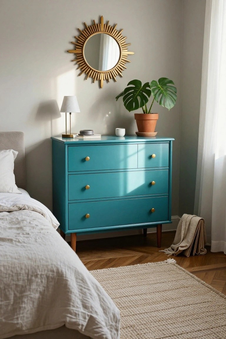 A teal dresser with gold knobs stands against a light wall in a bedroom with a bed and woven rug visible.