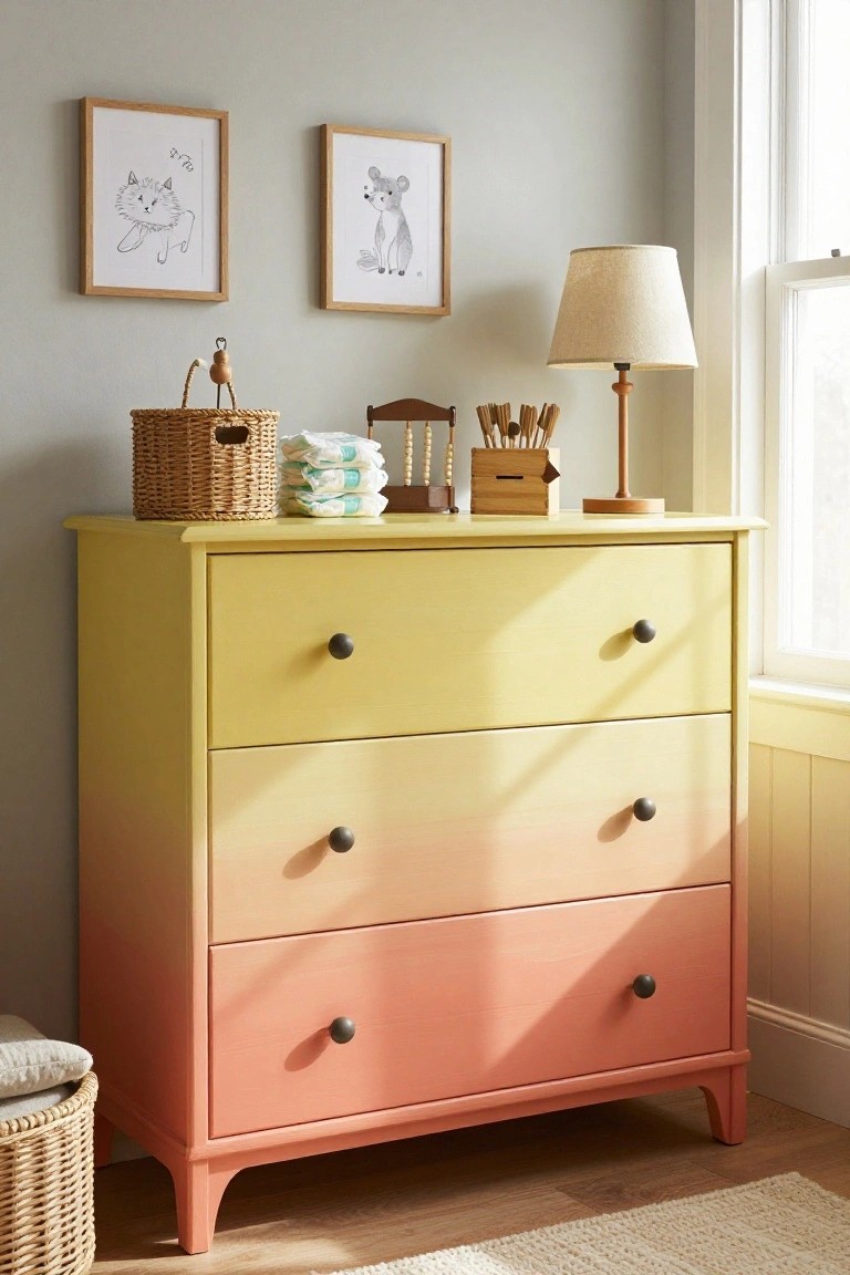 Yellow-orange to coral ombre dresser with nursery items and framed animal art.