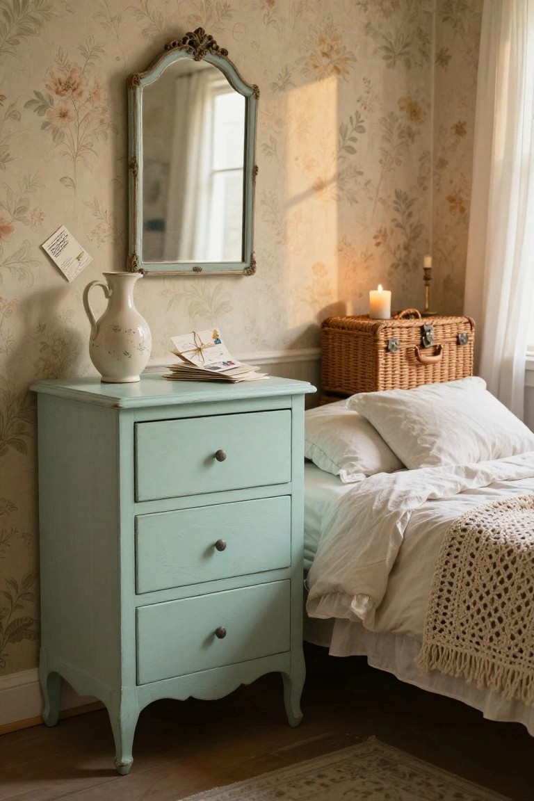 Vintage bedroom with mint-green dresser, floral wallpaper, and cozy white bedding.