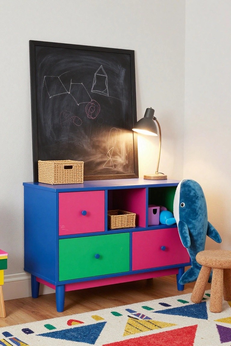 Colorful children's storage unit with blue drawers, whale plush, chalkboard.