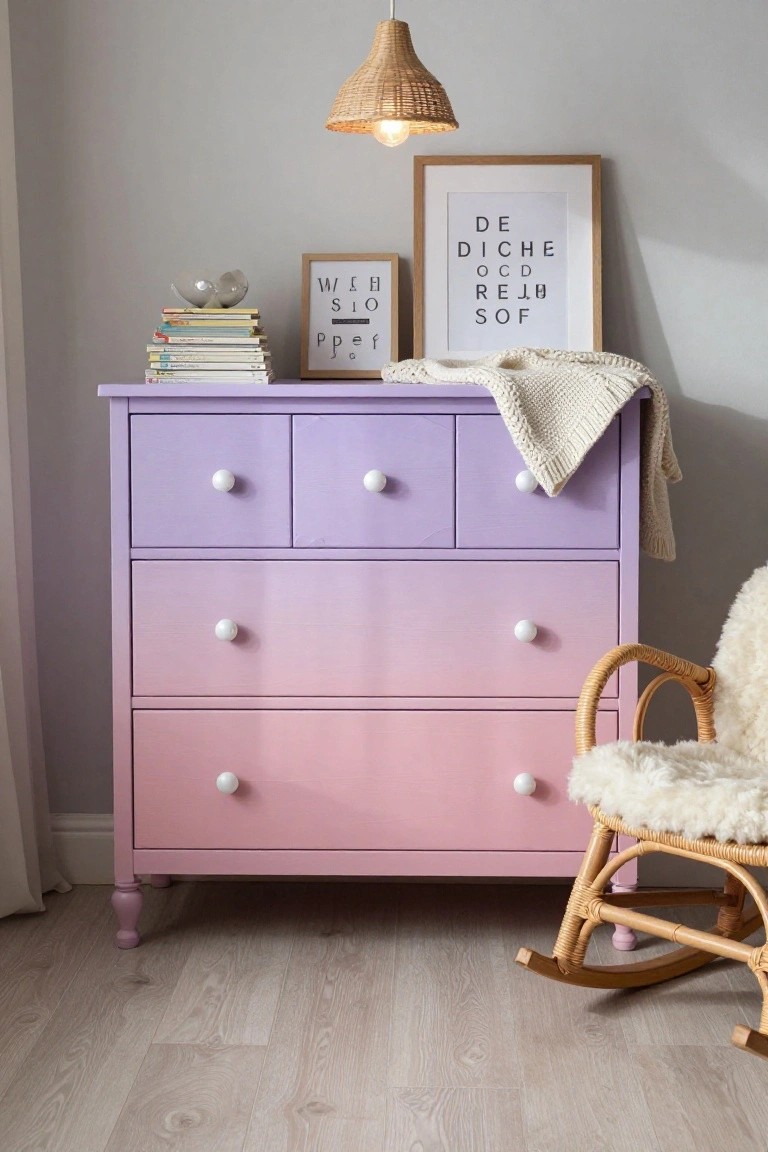 A wooden dresser painted in a purple to pink gradient finish with white knobs, books stacked on top, and a wicker rocking chair beside it.