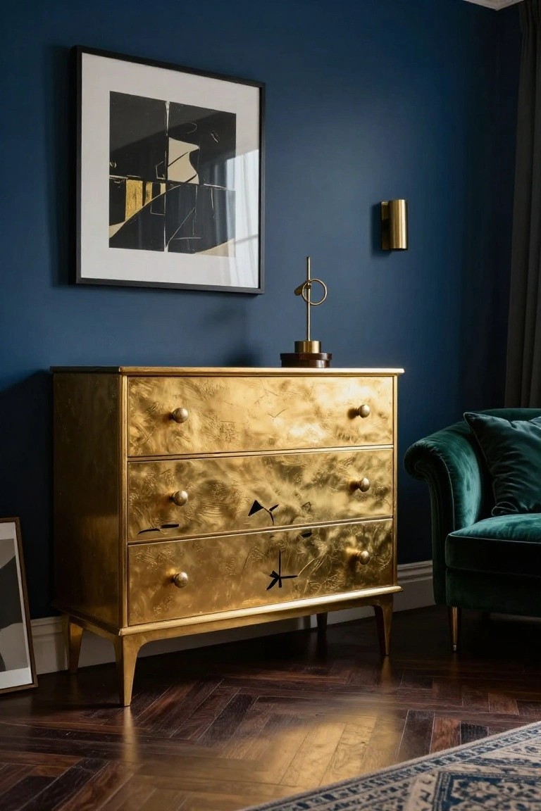Gold-leaf dresser with three drawers against deep blue wall.