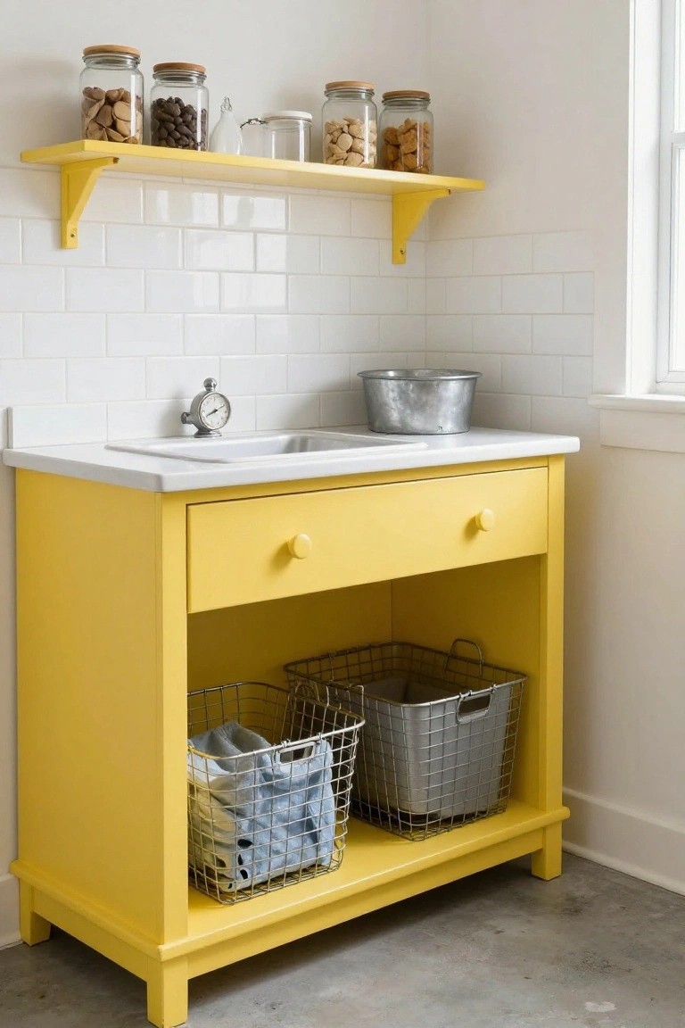 A bright yellow cabinet with a white countertop sink, two drawers, and wire storage baskets on the bottom shelf in a room with white tile walls.