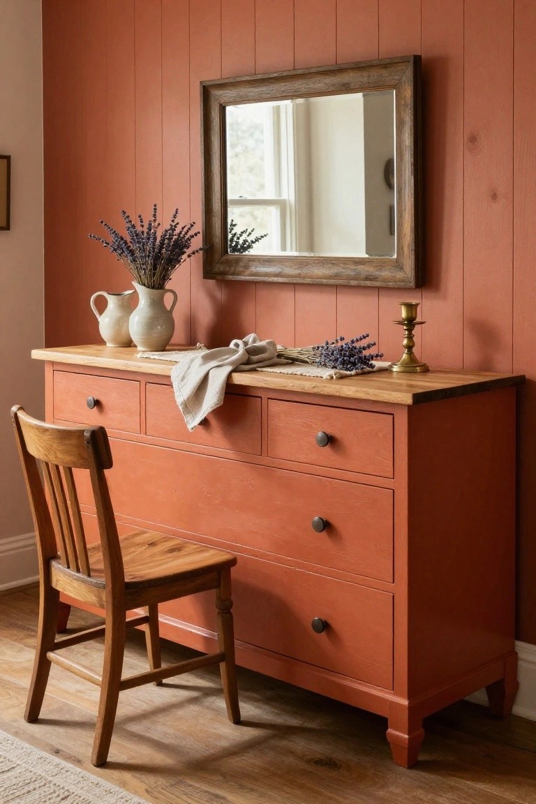 Terracotta dresser with wooden chair against matching paneled wall.