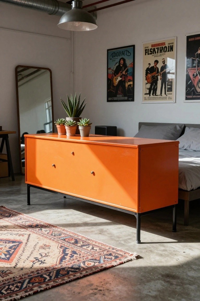 Orange dresser with plants and mirror in sunlit bedroom.