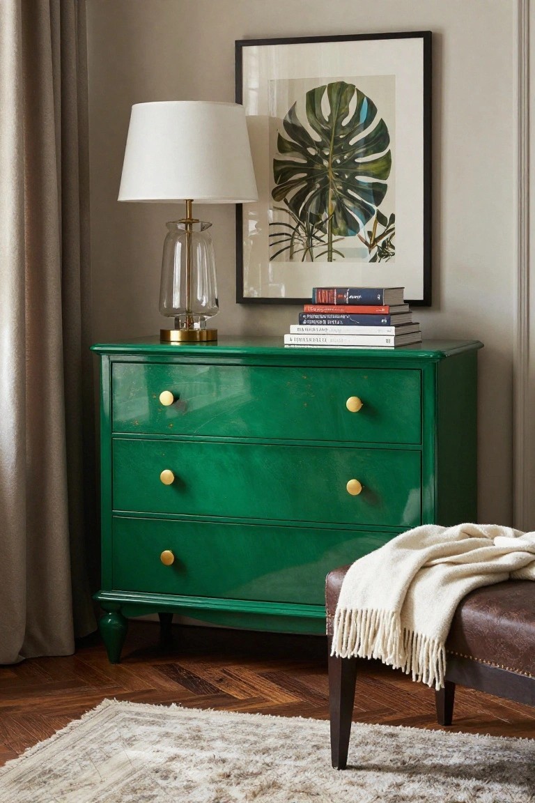 A green painted dresser with gold knobs holds a lamp, books, and a framed leaf print in a room with wood floors and a neutral rug.