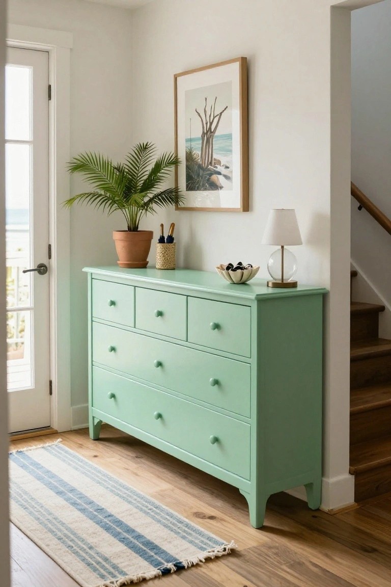 A mint green painted dresser with six drawers sits in a light hallway beside a white door, topped with a potted plant and a small lamp.