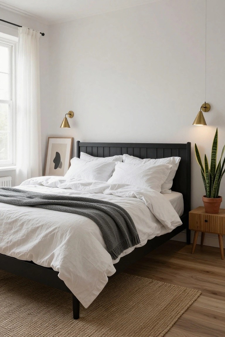 Bedroom with black wooden paneled bed frame, white linen bedding, gray knit throw, wooden nightstand holding potted snake plant, brass wall sconces, abstract line art print, and sheer curtain on window.