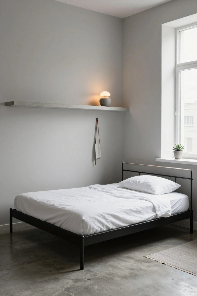 A minimalist bedroom corner with a black metal bed frame holding white bedding, light gray walls, a concrete floor, floating shelf with lamp, hanging towel, and large window with potted succulent.