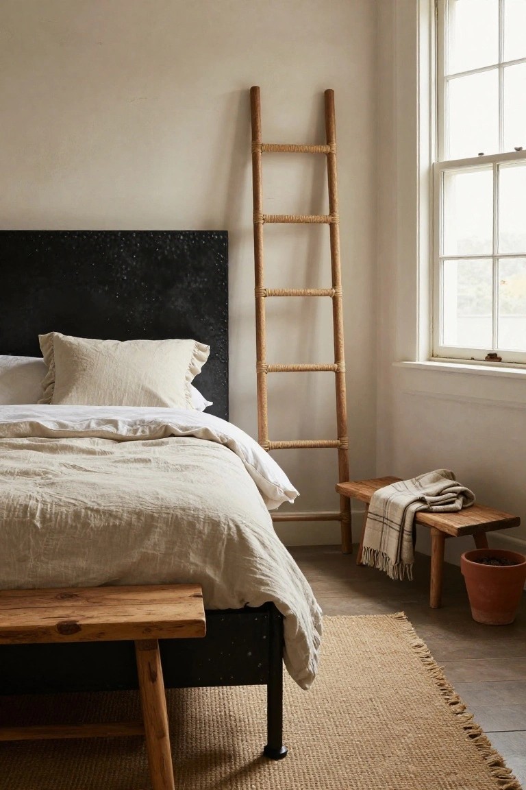 Bedroom with black textured metal bed frame, beige linen bedding, rope ladder leaning against headboard, wooden benches with blankets, seagrass rug, and window in corner room.