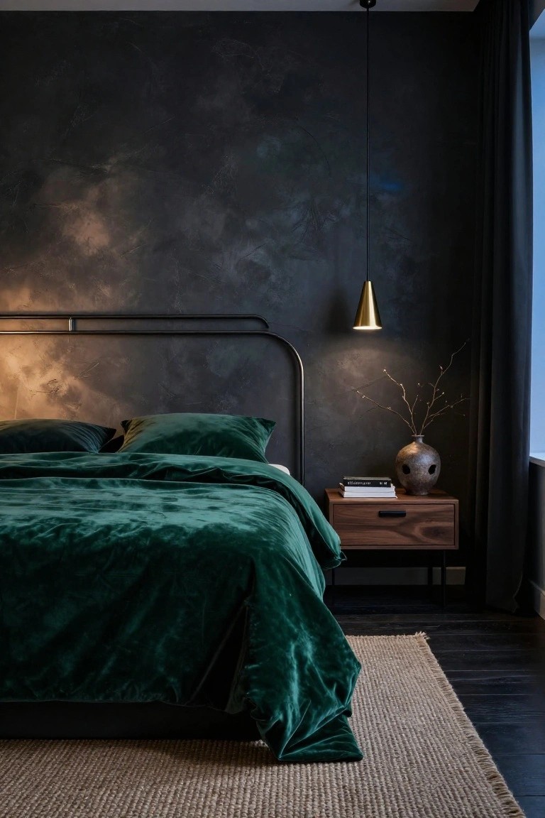 Bedroom with black metal bed frame topped by emerald green velvet bedding and pillows, walnut nightstand holding books and a ceramic vase with branches, textured dark walls, gold pendant light, black curtains, and seagrass rug on dark wood floor.