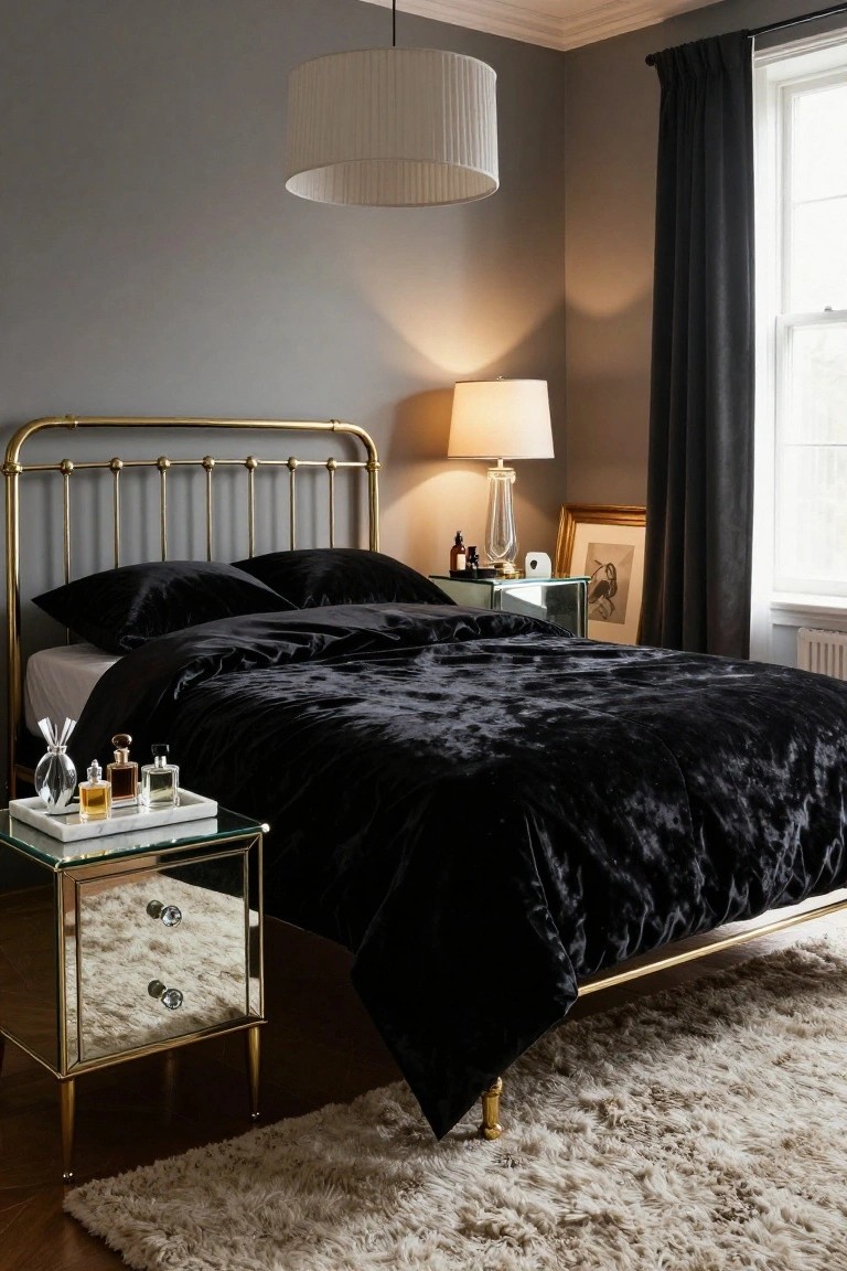 Gray bedroom with gold brass bed frame topped by black velvet duvet and pillows, flanked by mirrored nightstands holding perfume bottles and lamps, plus a white pendant light overhead.