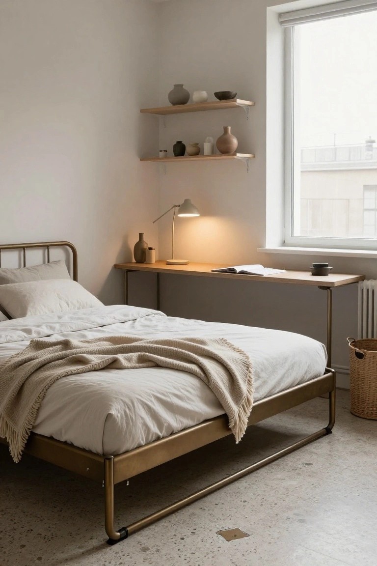 Bedroom corner with gold-toned metal bed frame holding white sheets and a cream throw, attached wooden desk with lamp and book, wooden shelves with pottery, wicker basket, and large window with roller blind over urban view on speckled floor.