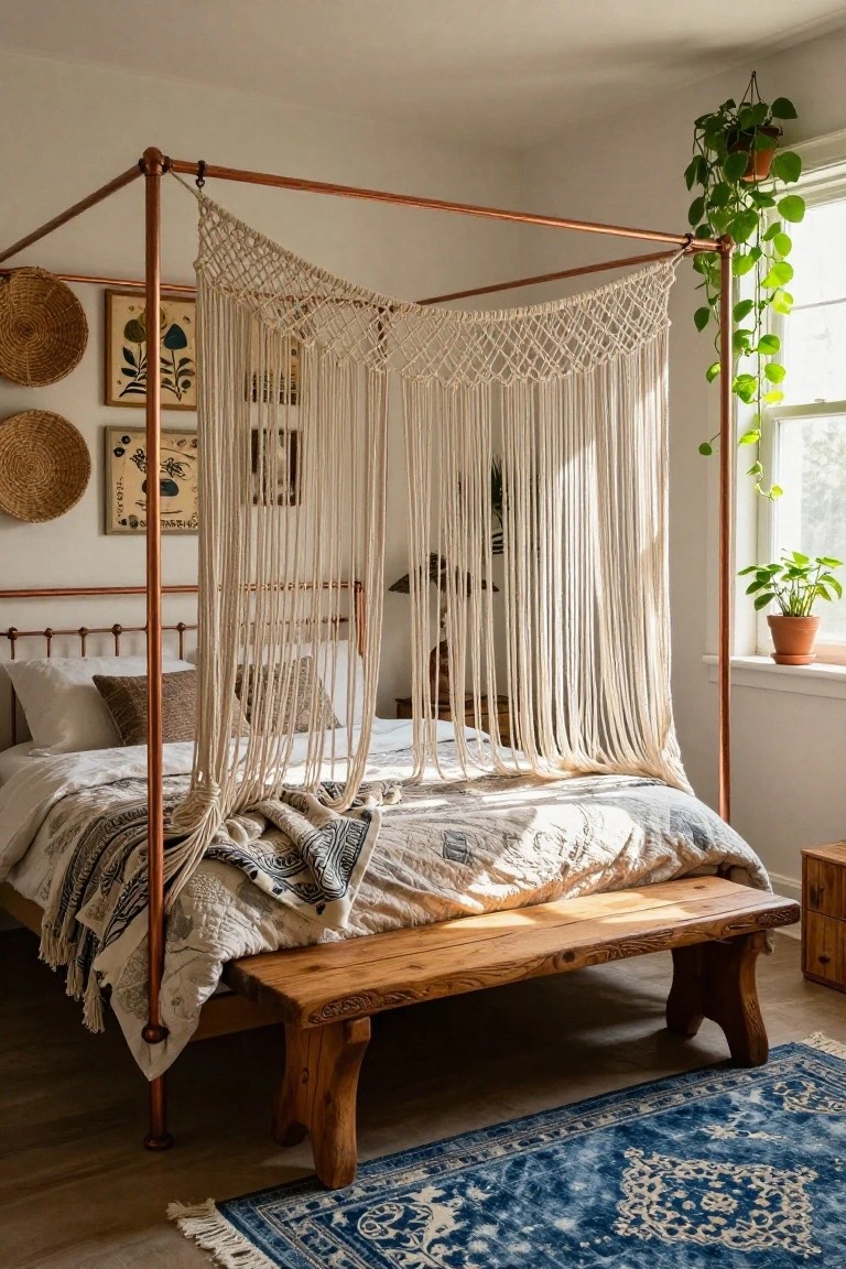 Copper pipe bed frame with white macrame canopy draped over it in a bedroom with neutral bedding, wooden bench at the foot, potted plants, woven wall hangings, and a blue rug on the floor.