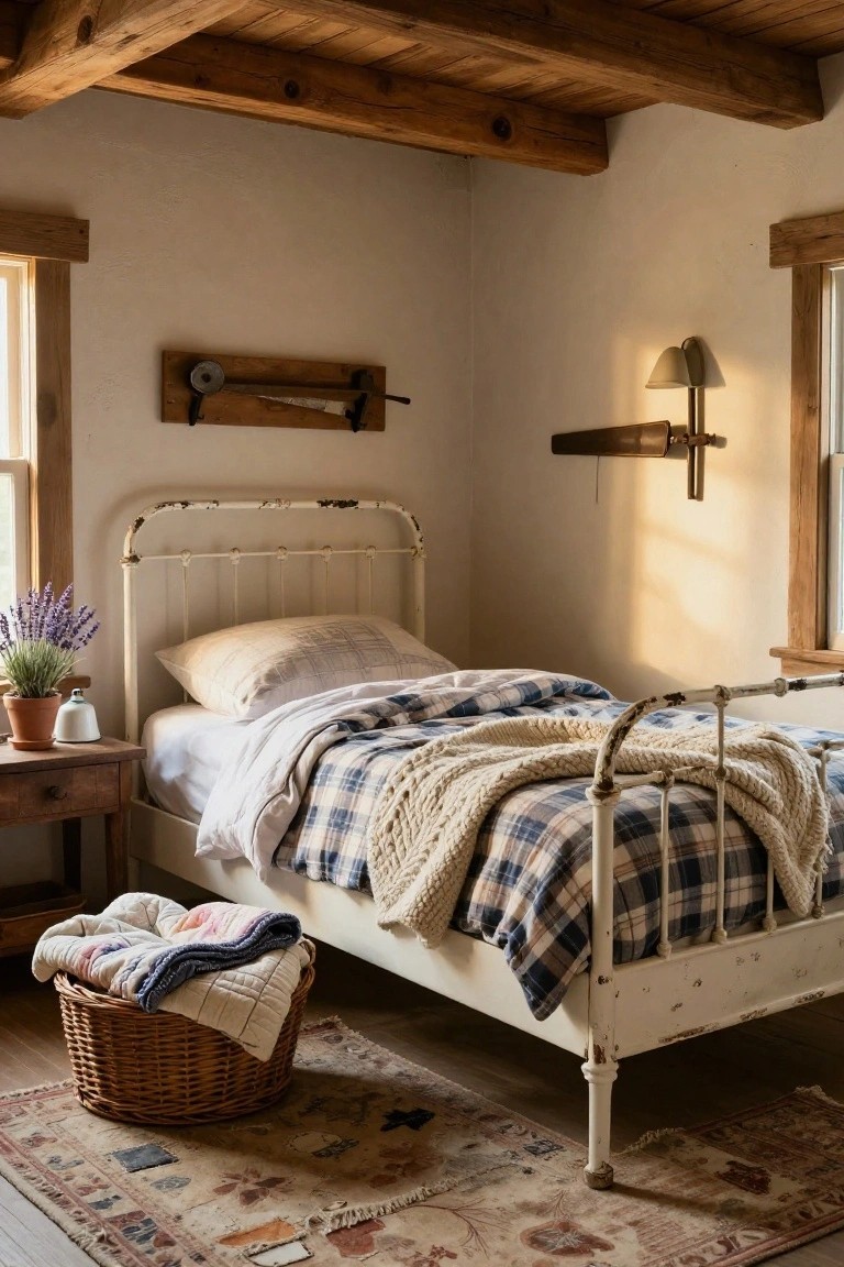 Cozy bedroom with white distressed metal bed frame draped in plaid bedding and knit throw, wooden nightstand holding lavender plant and teapot, basket of blankets on floor, exposed wooden beams on ceiling, and wall-mounted vintage tools.