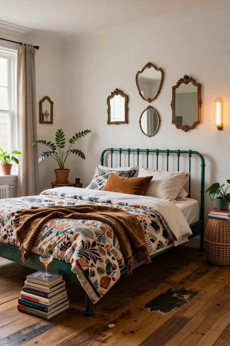 Bedroom with emerald green metal bed frame holding colorful patterned bedding and pillows, vintage gold mirrors on white wall above, potted plants, books stacked on floor, and hardwood flooring.