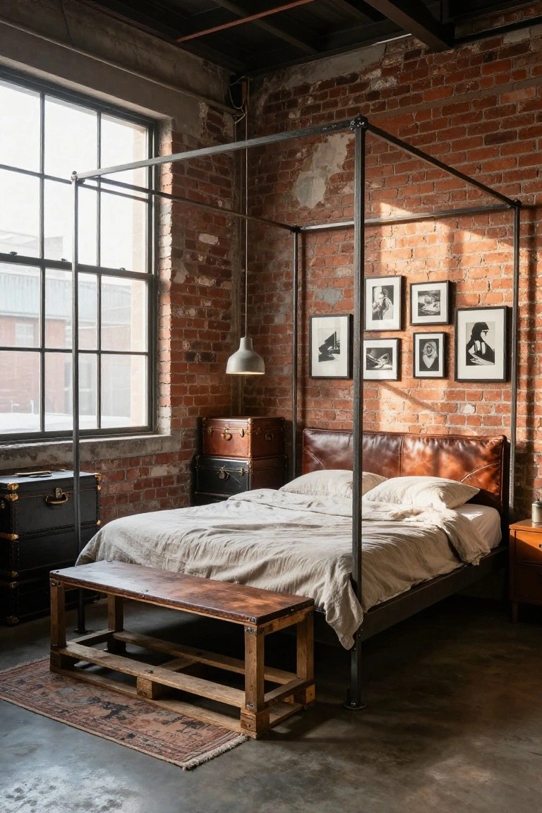 Industrial loft bedroom with tall black metal pipe bed frame, tan leather headboard, white linen bedding, exposed brick walls, vintage suitcases, black-and-white photos, and concrete floor.