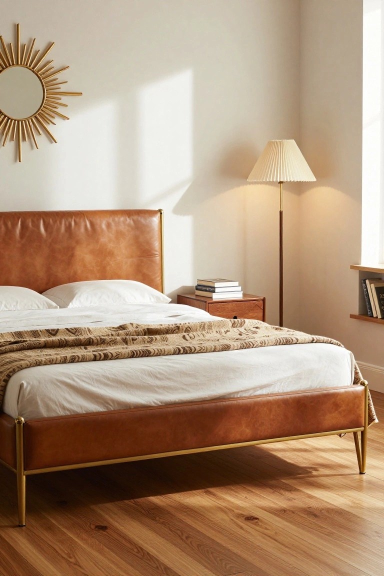 Bedroom interior with tan leather upholstered bed on gold metal legs and frame, white bedding with patterned throw, wooden nightstand holding books, tall beige floor lamp, and gold sunburst mirror on white walls with hardwood floors.
