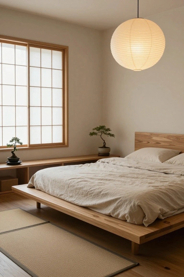 Minimalist bedroom with low wooden platform bed draped in beige linens, bonsai plants on shelves, shoji screen window, paper lantern overhead, tatami rug, and light wood floors.