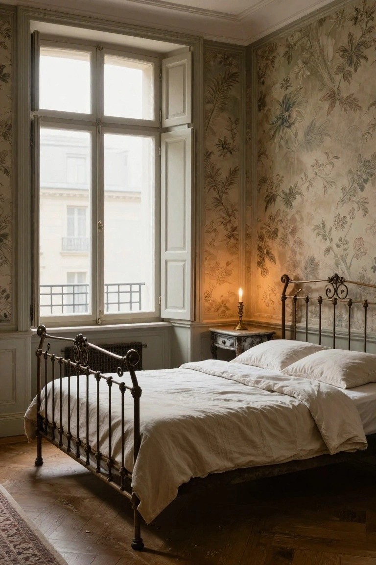 Bedroom interior with ornate dark iron bed frame, white linens, beige floral wallpaper on walls, large open windows with shutters, wooden floor, and lit brass candlestick on marble-topped nightstand.