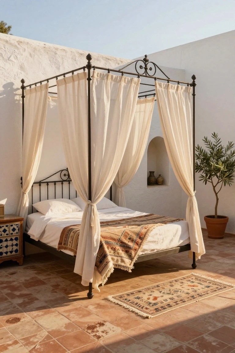 Wrought iron canopy bed frame with beige sheer curtains on a terracotta tiled outdoor terrace against white stucco walls with arched niche and potted olive tree.