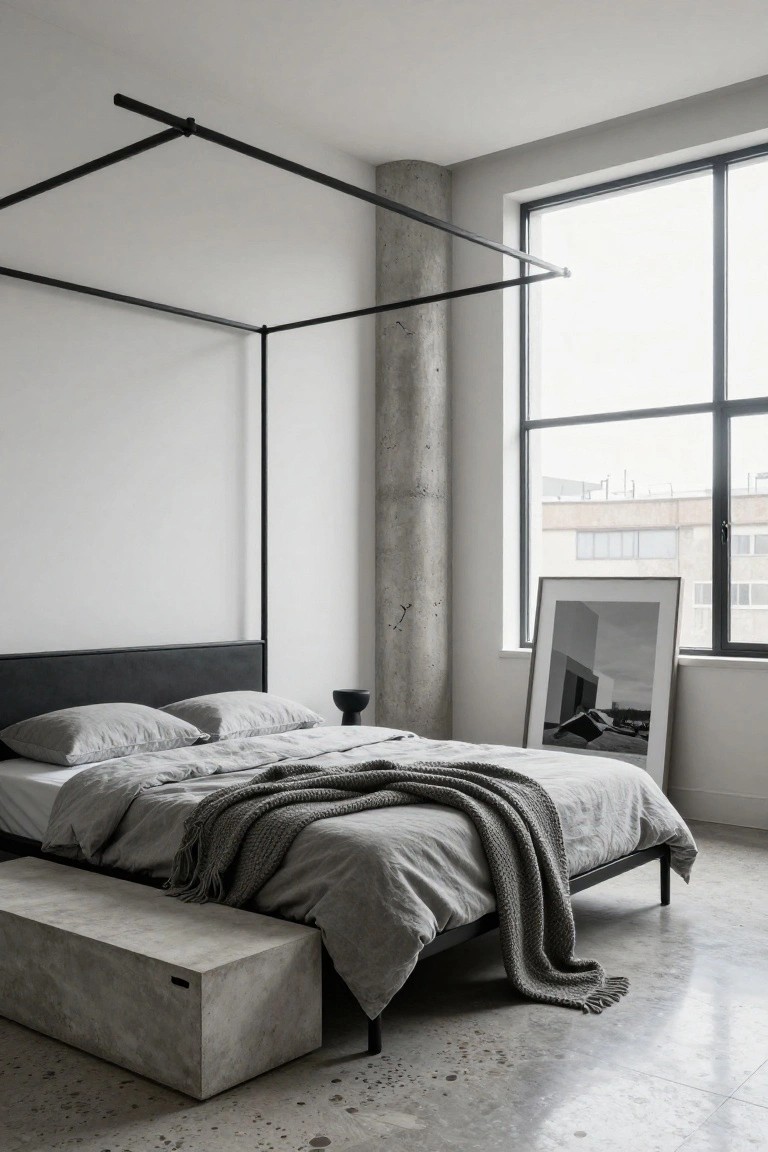 A bedroom with a tall black metal canopy bed frame over gray linens and pillows, beside a large window, exposed concrete pillar, black side table, and concrete bench on a polished concrete floor.