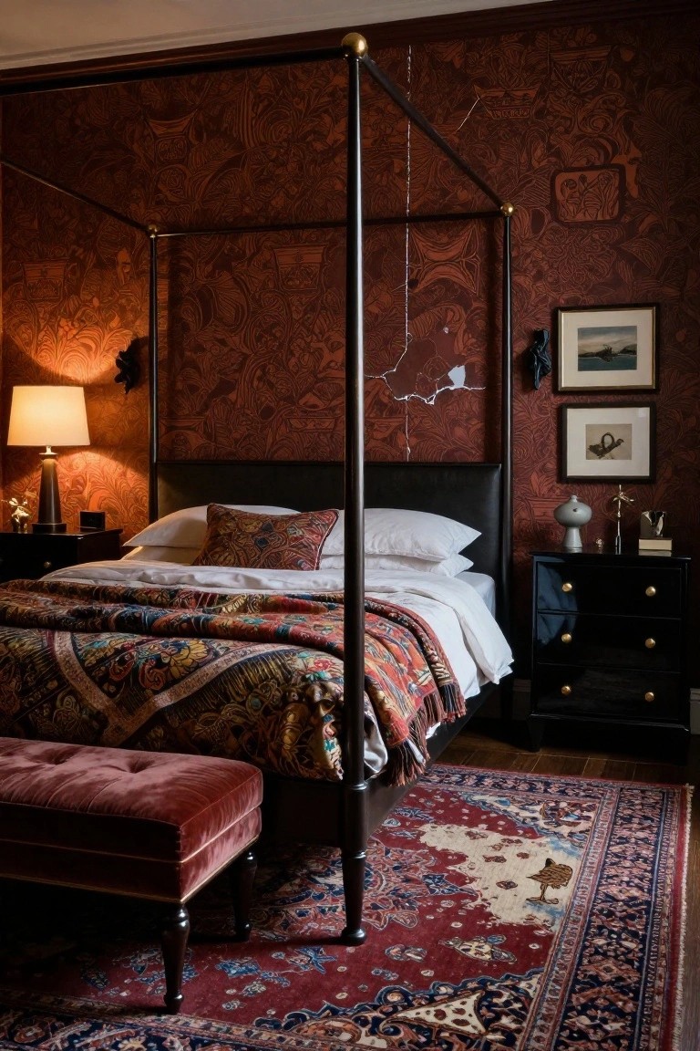 Bedroom interior with a tall black metal four-poster bed draped in colorful quilts and pillows, set against red patterned wallpaper, flanked by black nightstands, a pink velvet bench, and a red Persian-style rug.