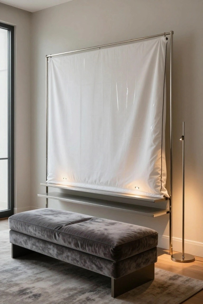 A modern room corner with a tall stainless steel frame supporting draped white fabric, a metal shelf with two small lights below, a low gray velvet bench in front, a slim floor lamp nearby, and a large window to the side.