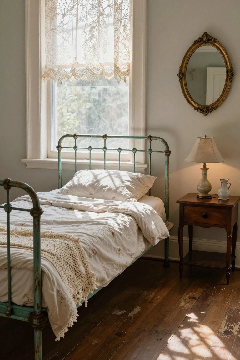 A cozy bedroom corner with a turquoise patina iron bed frame holding white sheets and pillows, a wooden nightstand with lamp and pitcher beside it, lace curtains on a window letting in sunlight, and a gold oval mirror on the wall.